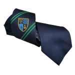 Navy school tie with a green stripe and shield crest