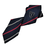 Navy school tie with red and white stripes and a crest