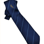 Navy school tie with a thin stripe and logo