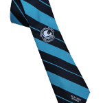 Light blue and navy striped school tie with a crest