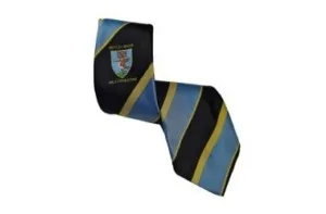 Black band tie with light blue and gold diagonal stripes and an embroidered crest, custom woven in the uk for brass and pipe bands