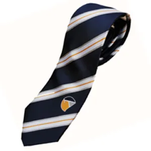 Diagonal striped corporate tie in navy and grey with a gold embroidered crest, custom made in the uk for company branded uniforms