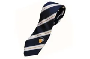 Navy corporate ties with white and orange diagonal stripes and an embroidered crest, custom manufactured in the uk for businesses