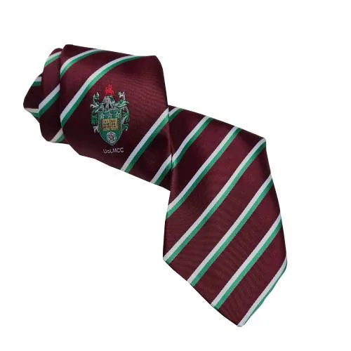 Maroon, white and green striped cricket club tie