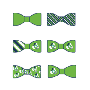 Six green and navy design of bow ties