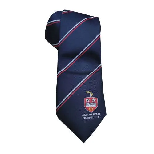 Navy football club tie with red stripes and a crest