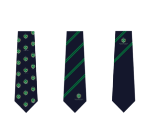 Golf club tie design visual examples Three navy golf club tie designs with green crest pattern and diagonal stripe options, example visuals from keltic ties’ free design service
