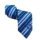 Blue and white striped old boys tie with a crest