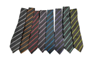 Eight black school ties shown in a range of colours including orange, red, blue, purple and yellow stripes, custom made in the uk