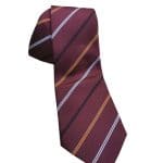 Maroon college tie with navy and gold stripes