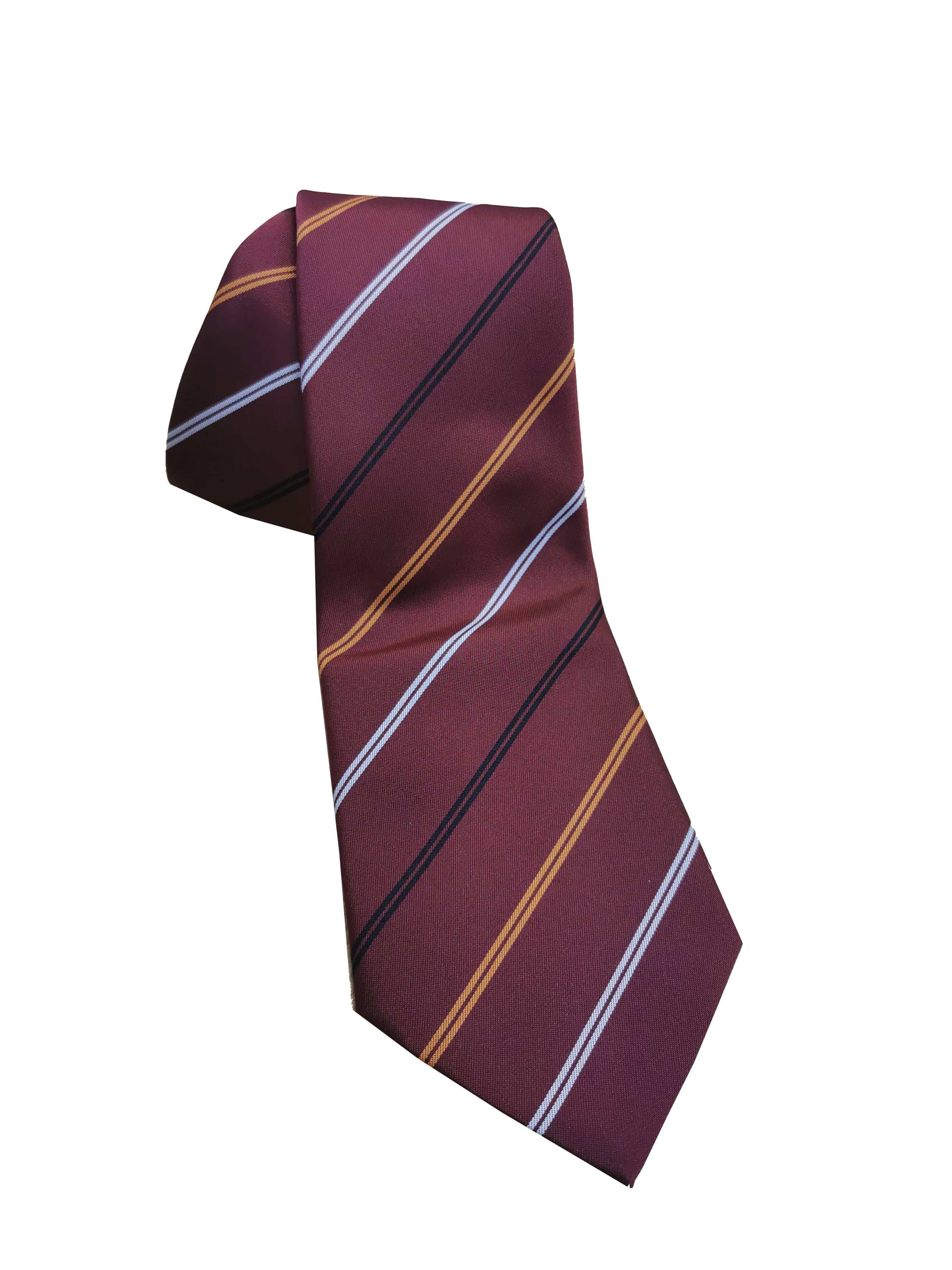 Maroon college tie with navy and gold stripes