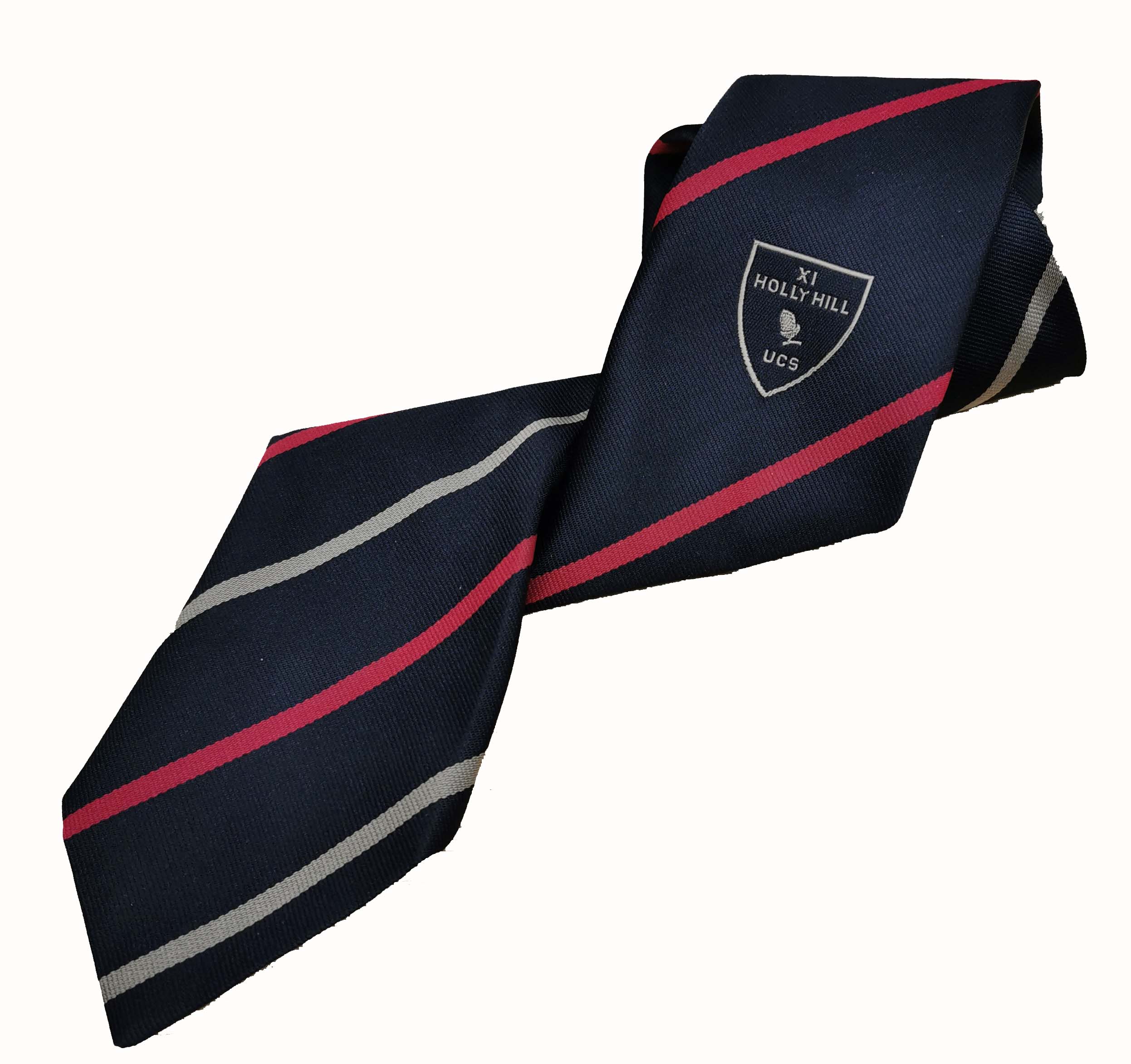 University college school navy tie with a crest