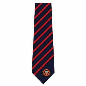 Navy bowls club tie with red diagonal stripes and an embroidered shield crest, custom woven in the uk by keltic ties for bowling clubs