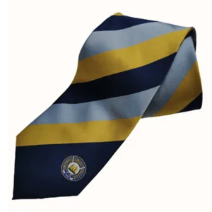 Custom embroidered club tie with woven crest design, personalised for sports and social clubs by keltic’s uk tie manufacturer
