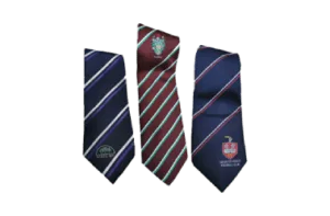 Three custom club ties in navy and maroon with diagonal stripes and embroidered crest badges, manufactured in the uk for clubs
