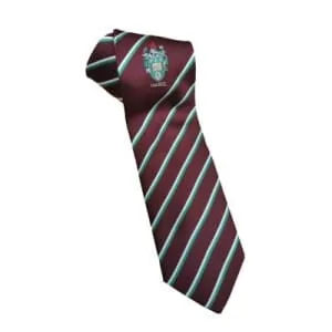 Maroon cricket club tie with teal diagonal stripes and an embroidered crest badge, custom woven in the uk for cricket clubs