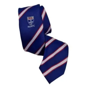 Royal blue football club tie with red and white diagonal stripes and an embroidered shield crest, custom woven in the uk for football clubs