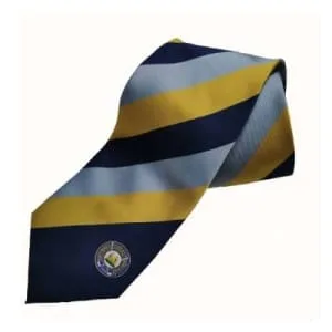 Striped golf club tie in navy, gold and light blue with an embroidered crest badge, custom woven in the uk by keltic ties for golf clubs