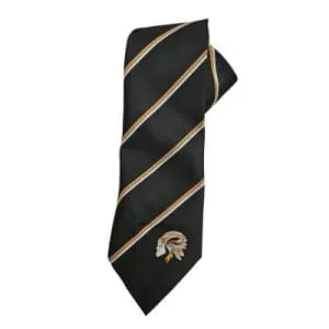 Black hockey club tie with gold and light blue diagonal stripes and an embroidered headdress emblem, custom woven in the uk for hockey clubs