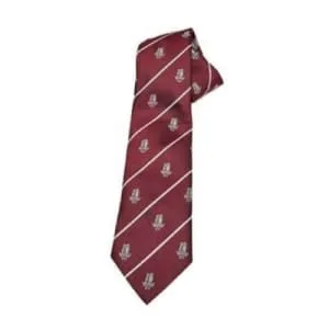 Maroon rugby club tie with white diagonal stripes and a repeating embroidered shield crest, custom woven in the uk for rugby clubs