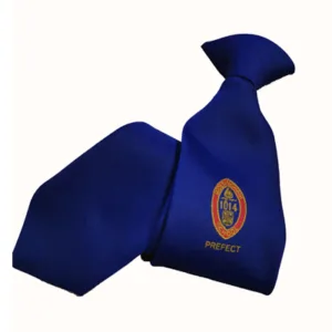 Navy school tie with an embroidered round crest badge, custom made to order in britain from sustainable recycled yarn for school uniforms