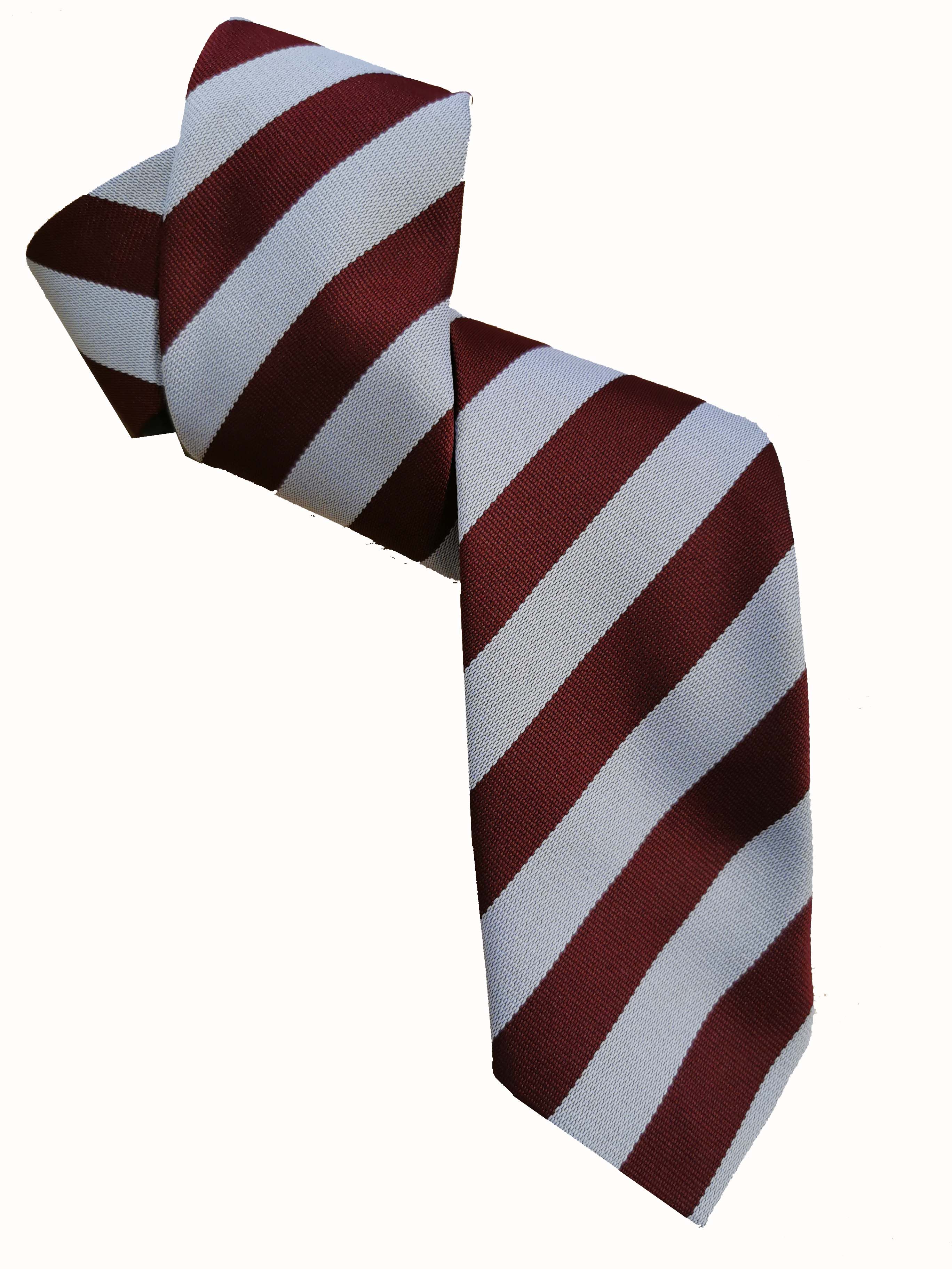 Maroon and white striped college tie