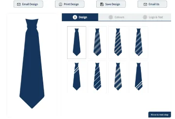 Online tie design tool interface showing a navy tie with eight stripe and colour pattern options to design your club tie