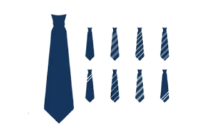 Illustration of a navy club tie alongside eight colour and stripe pattern swatches, showing club tie designer options to design your own tie