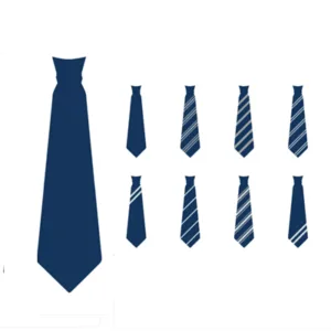Navy club tie alongside eight colour and stripe pattern swatches, showing bespoke club tie design options available